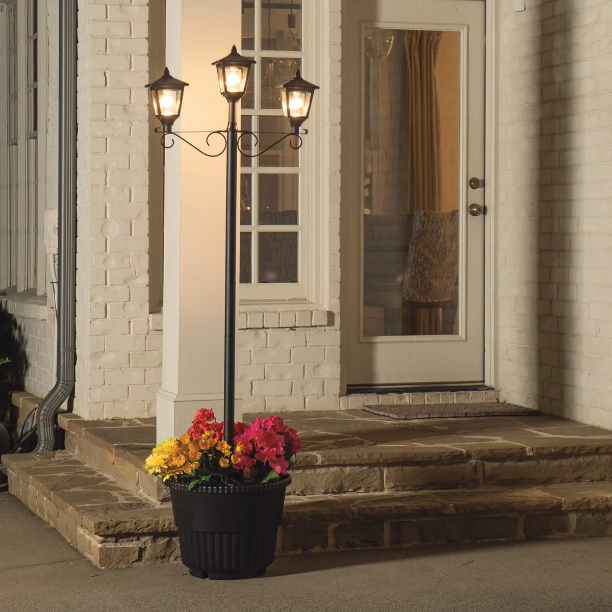 Triple Head Solar LED Lamp and Post Set with Round Planter, 90 Lumens, 2700K CCT - Image 2