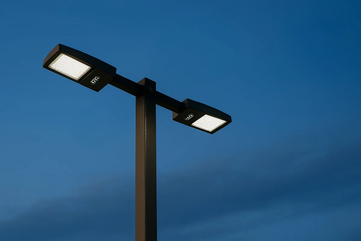 15 ft 4 Inch Square Area Lighting Pole With Dual Head LED 150W Slim Line Fixture (400W+ MH or HID Equivalent), Pole Arm Mount
