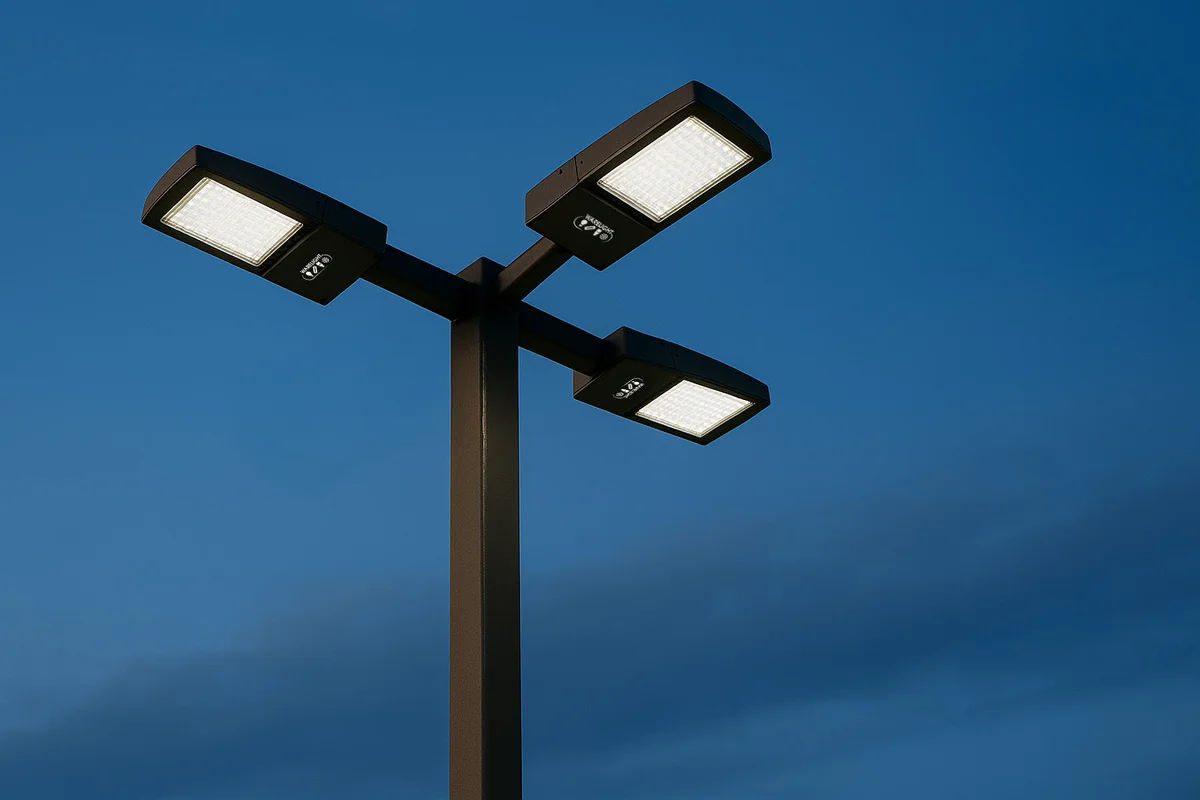 15 ft 4 Inch Square Area Lighting Pole With Triple Head LED 150W Slim Line Fixture (400W+ MH or HID Equivalent), Pole Arm Mount