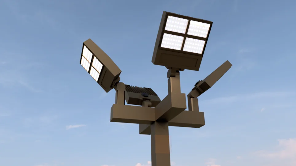 15 ft 4 Inch Square Area Lighting Pole With Quad Head LED 150W Slim Line Fixture (400W+ MH or HID Equivalent) and Bullhorn with 4 Tenons