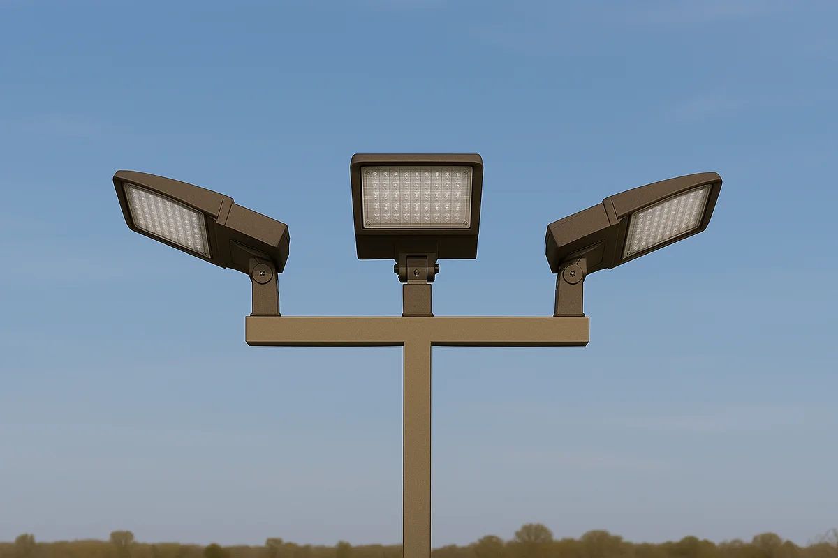 20 ft 4 Inch Square Area Lighting Pole With Triple Head LED 150W Slim Line Fixture (400W+ MH or HID Equivalent) and Bullhorn with 3 Tenons