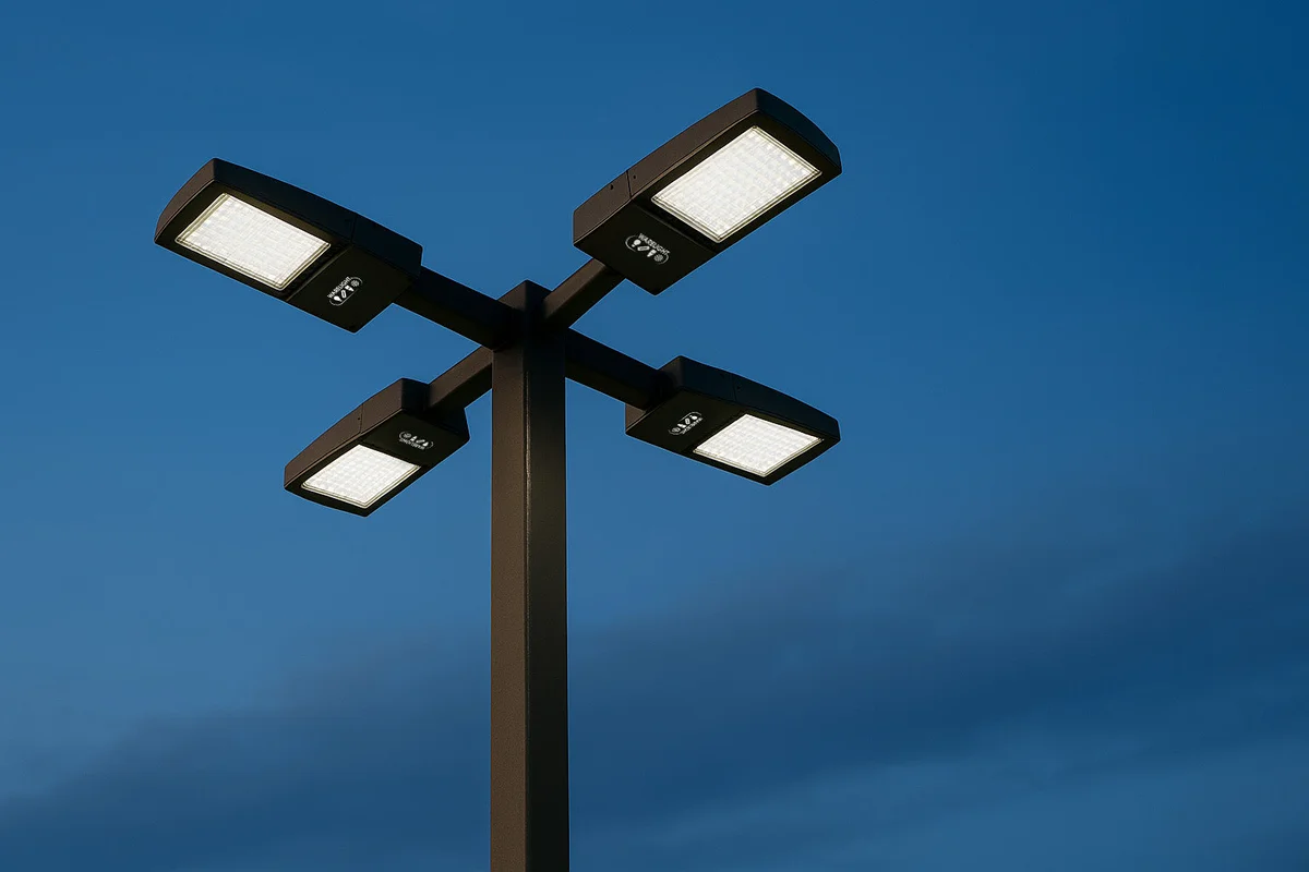 20 ft 4 Inch Square Area Lighting Pole With Quad Head LED 150W Slim Line Fixture (400W+ MH or HID Equivalent), Pole Arm Mount