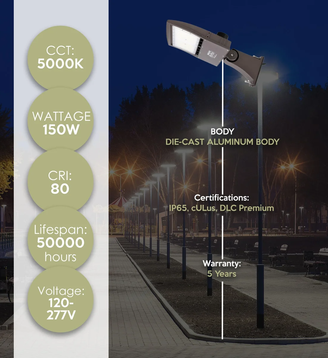 20 ft 4 Inch 11 ga Square Area Lighting Pole With Quad Head LED 150W Slim Line Fixture (400W+ MH or HID Equivalent) and Bullhorn with 4 Tenons - Image 2