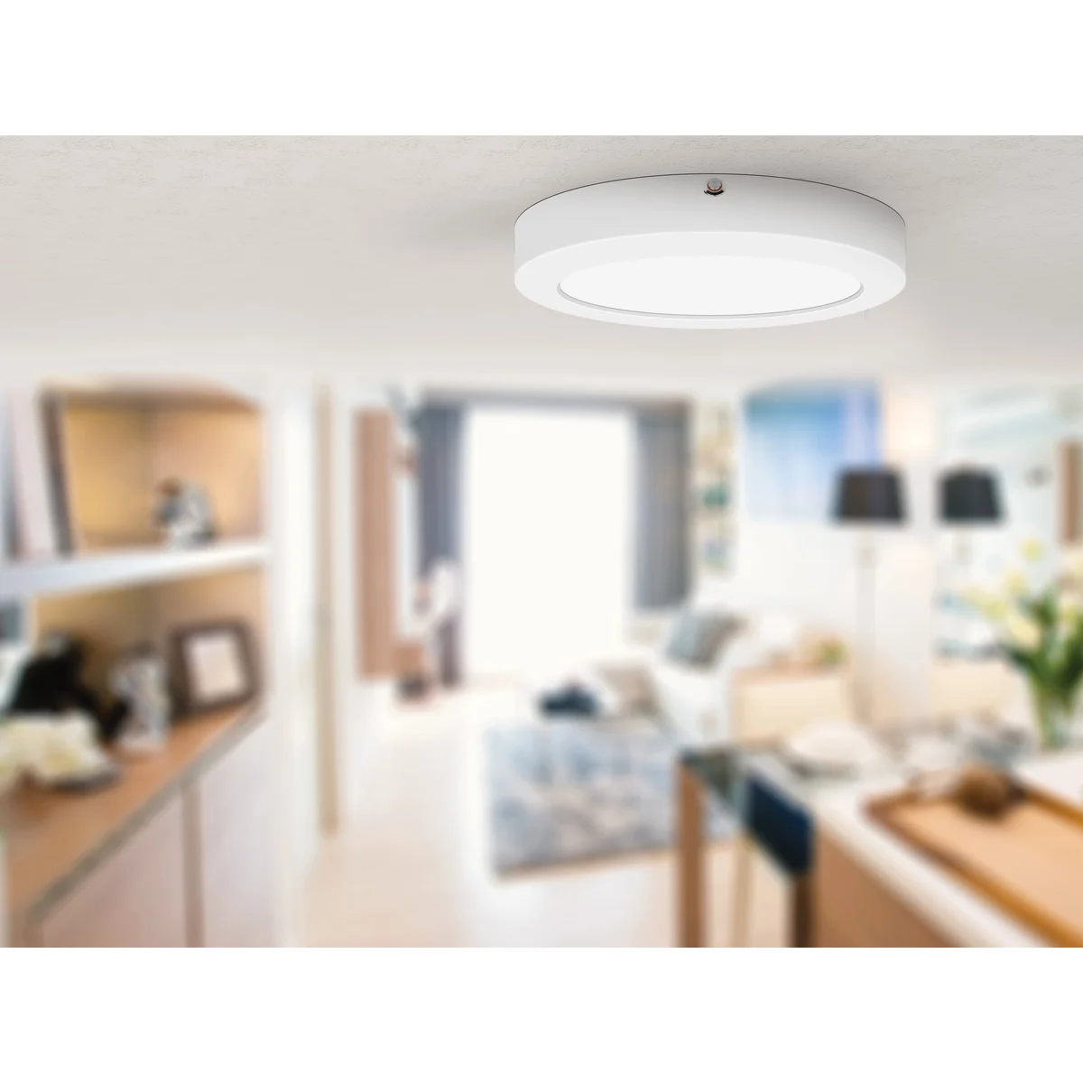 Dual Voltage Emergency Backup LED Flush Mount Ceiling Light, 1440 Lumens, 18W, 3000K, 120V, White Finish, ModPLUS Collection - Image 2