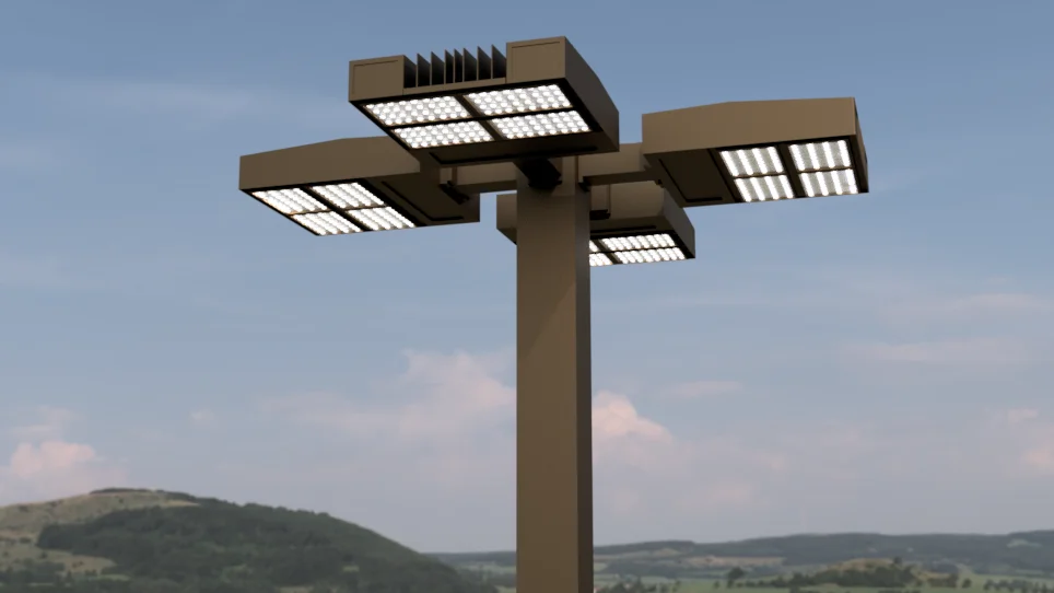 25 ft 4 Inch Square Area Lighting Pole With Quad Head LED 300W Slim Line Fixture (1000W+ MH or HID Equivalent), and Bullhorn with 4 Tenons