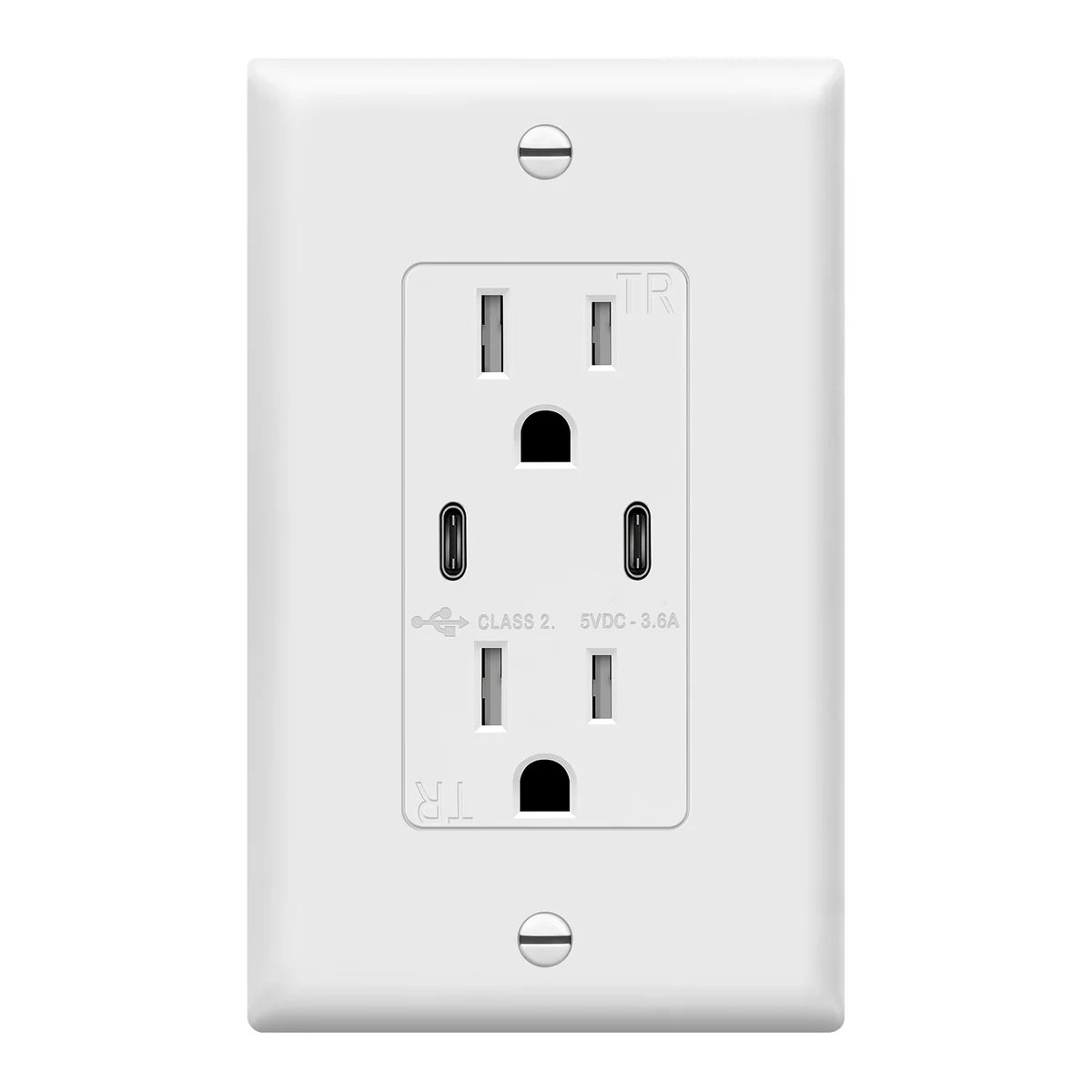 3.6A Dual USB Type C Wall Outlet Charger with 15A Tamper-Resistant Receptacle