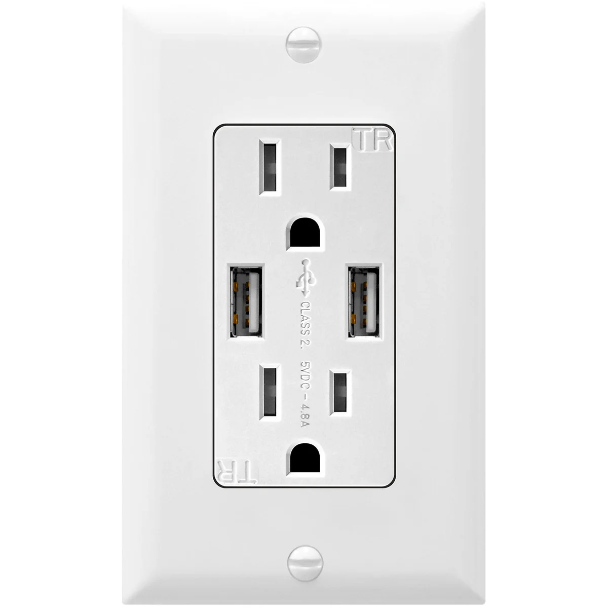 4.8A USB Dual Type A Wall Outlet Charger with 15A Tamper-Resistant Receptacle
