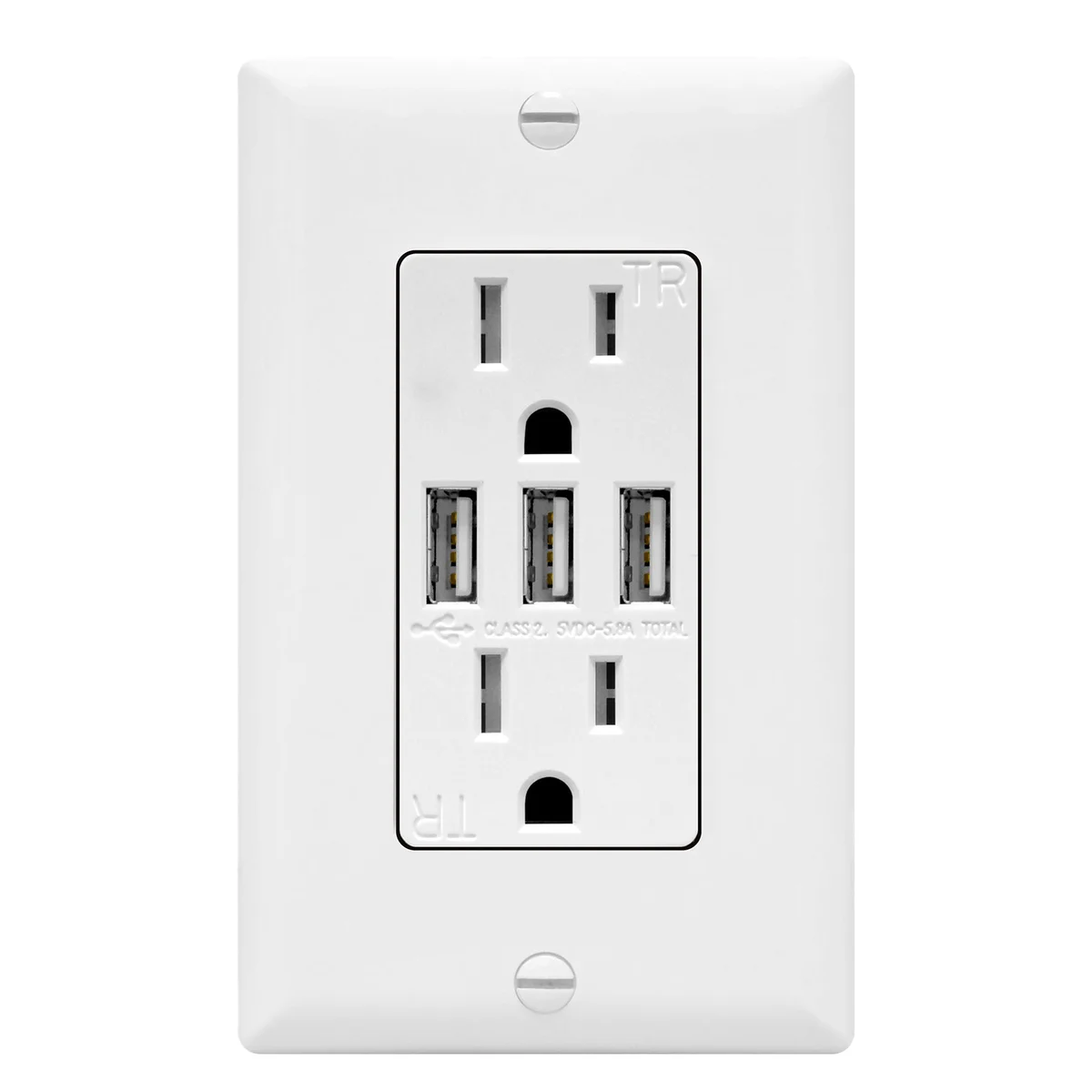 5.8A USB Three Type A Wall Outlet Charger with 15A Tamper-Resistant Receptacle