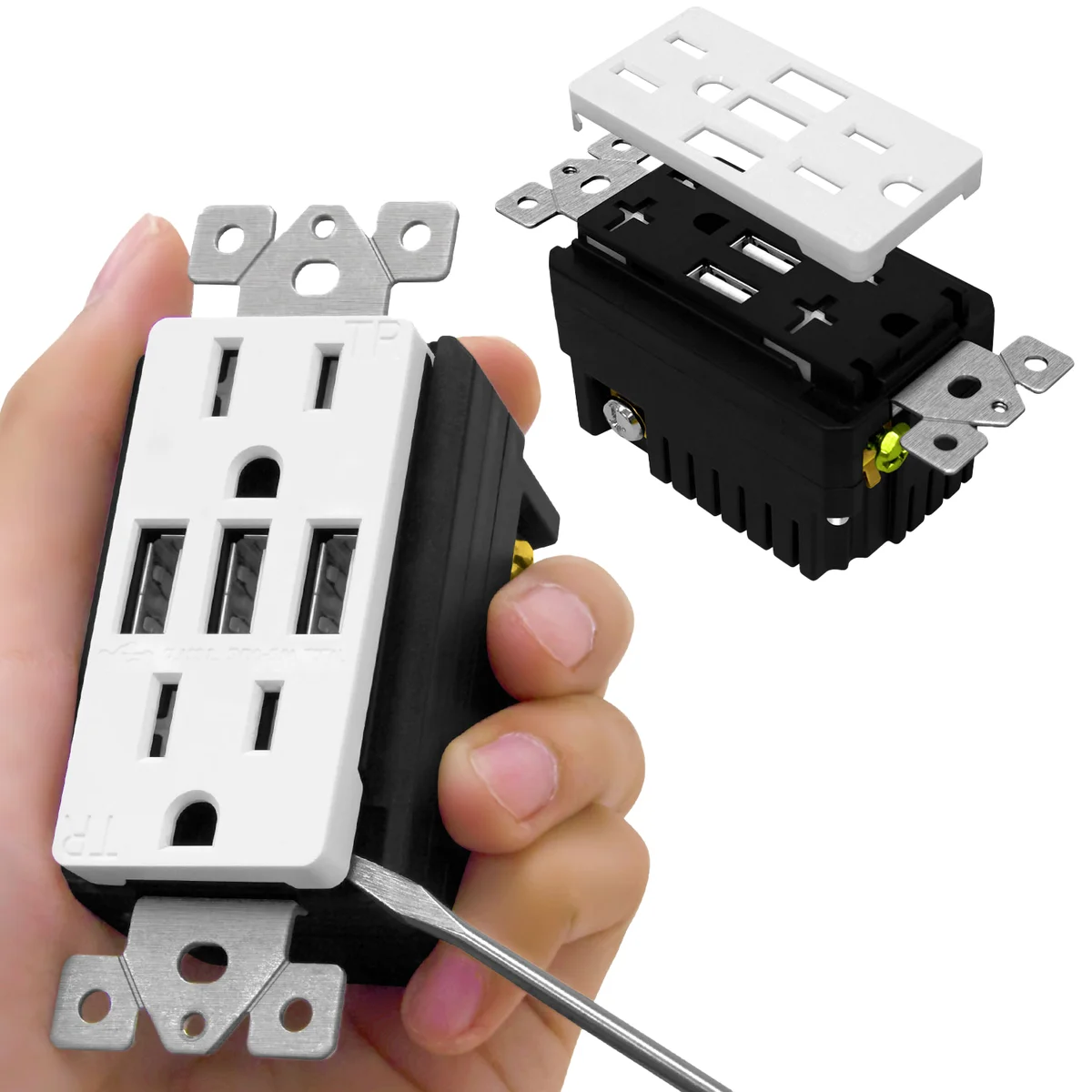 5.8A USB Three Type A Wall Outlet Charger with 15A Tamper-Resistant Receptacle - Image 4