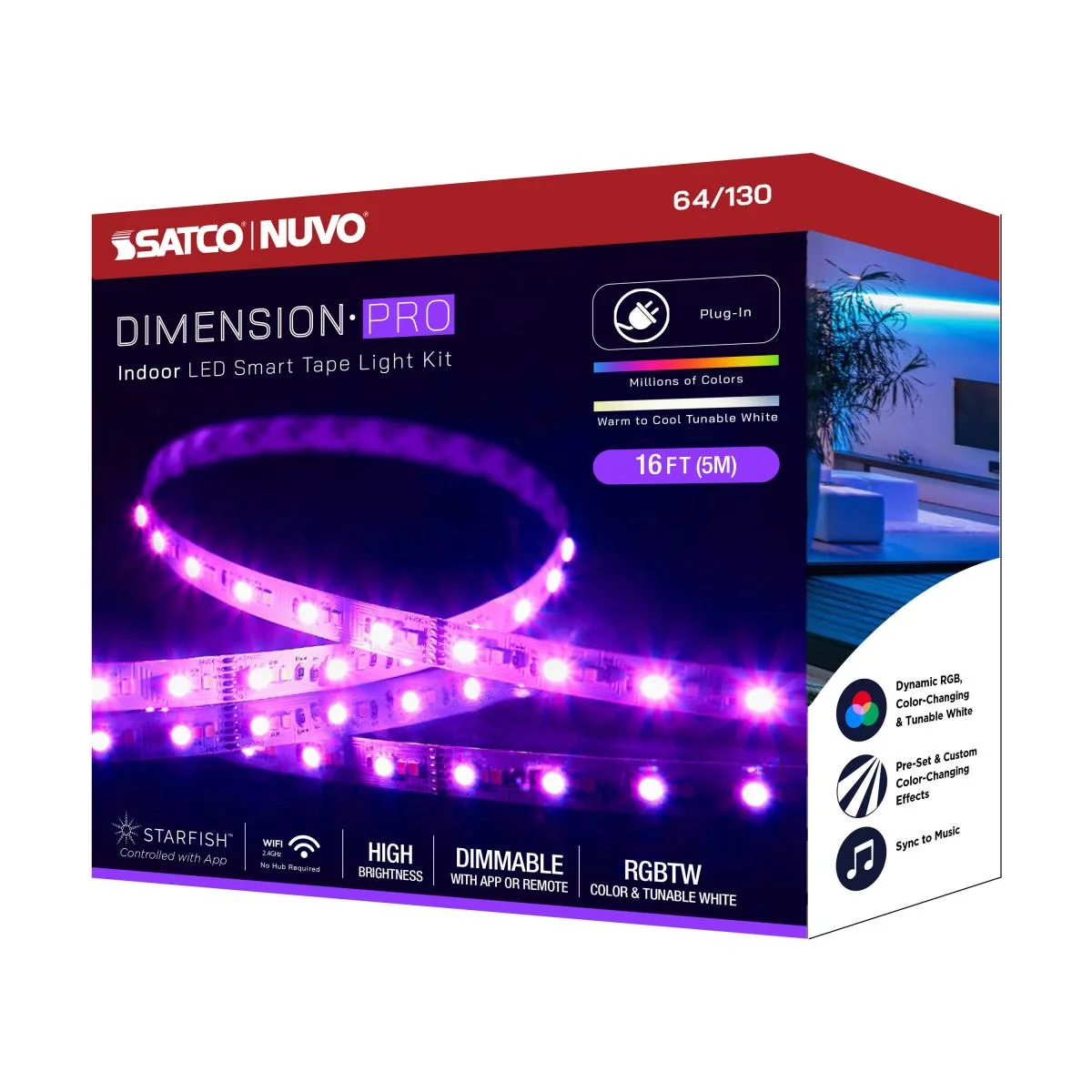 Dimension Pro, Tape Light Strip, 16 ft, Hi-Output, RGB plus Tunable White, Plug connection, Starfish IOT Capable, IR Remote Included - Image 15