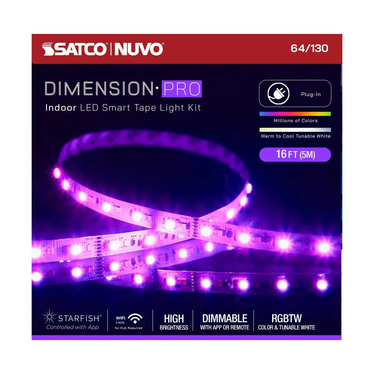 Dimension Pro, Tape Light Strip, 16 ft, Hi-Output, RGB plus Tunable White, Plug connection, Starfish IOT Capable, IR Remote Included - Image 2