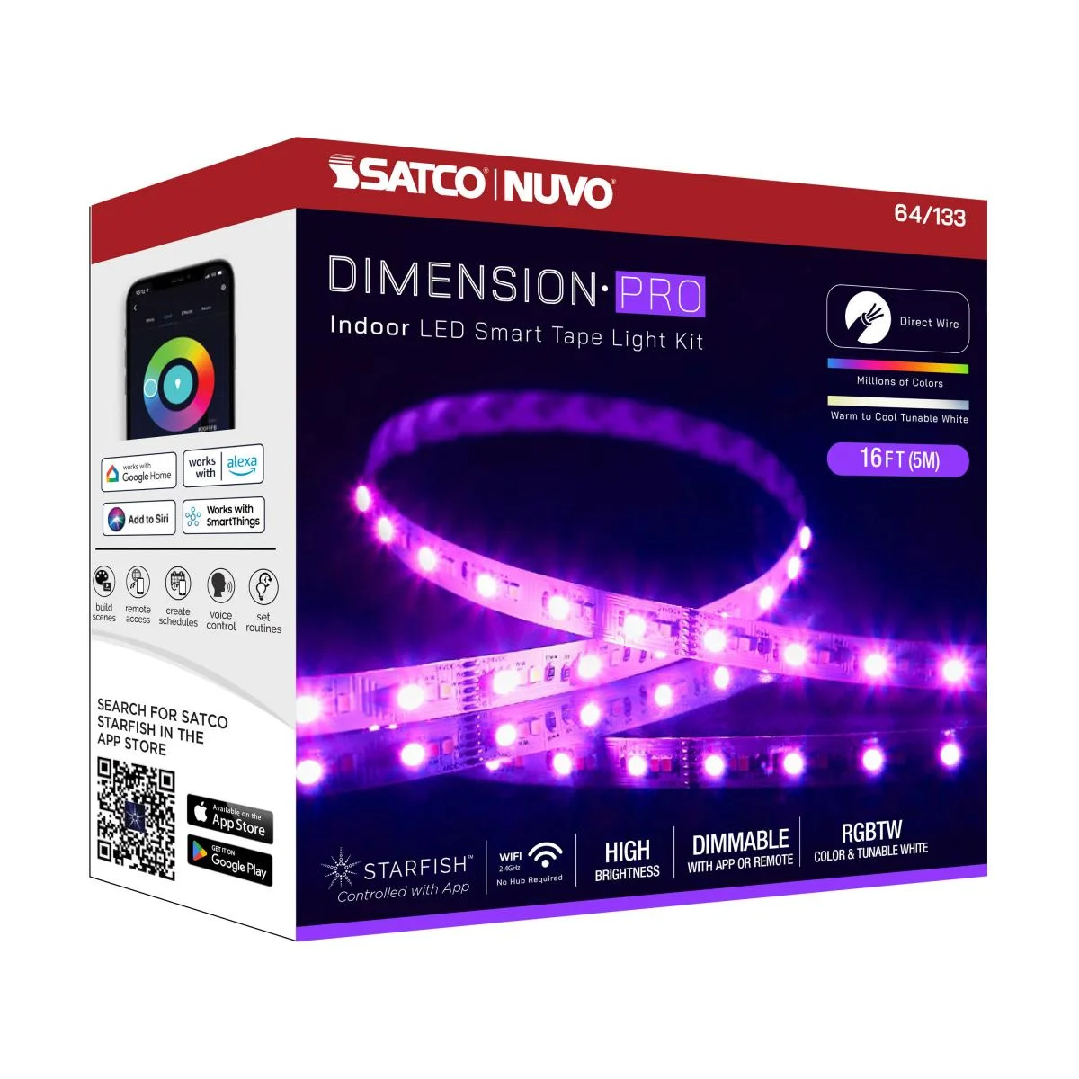 Dimension Pro, Tape Light Strip, 16 ft, Hi-Output, RGB plus Tunable White, J-Box connection, Starfish IOT Capable, IR Remote Included - Image 16