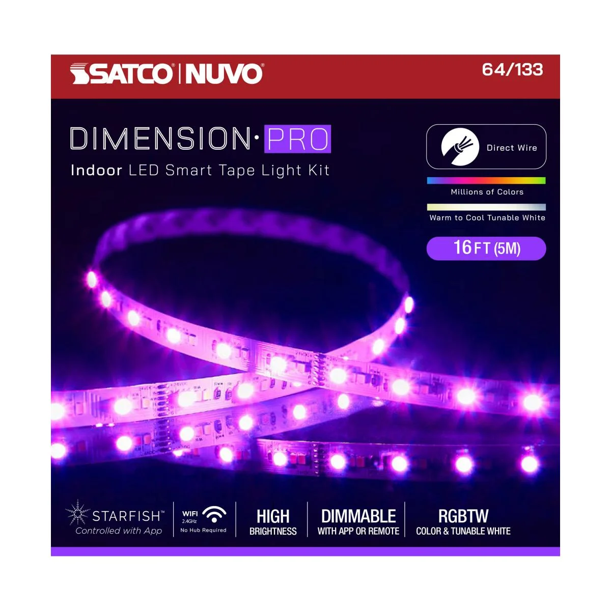 Dimension Pro, Tape Light Strip, 16 ft, Hi-Output, RGB plus Tunable White, J-Box connection, Starfish IOT Capable, IR Remote Included - Image 2