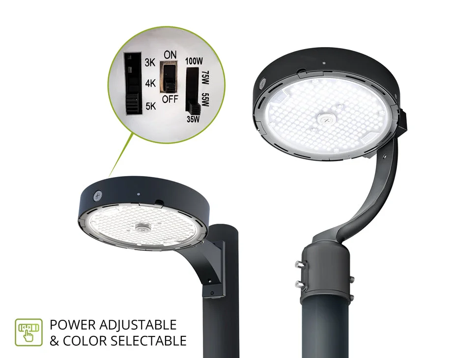 LED Area Round Post Top Light, 17,000 Lumen Max, Wattage and CCT Selectable, 120-277V, Photocell and Post Bracket, Black - Image 2