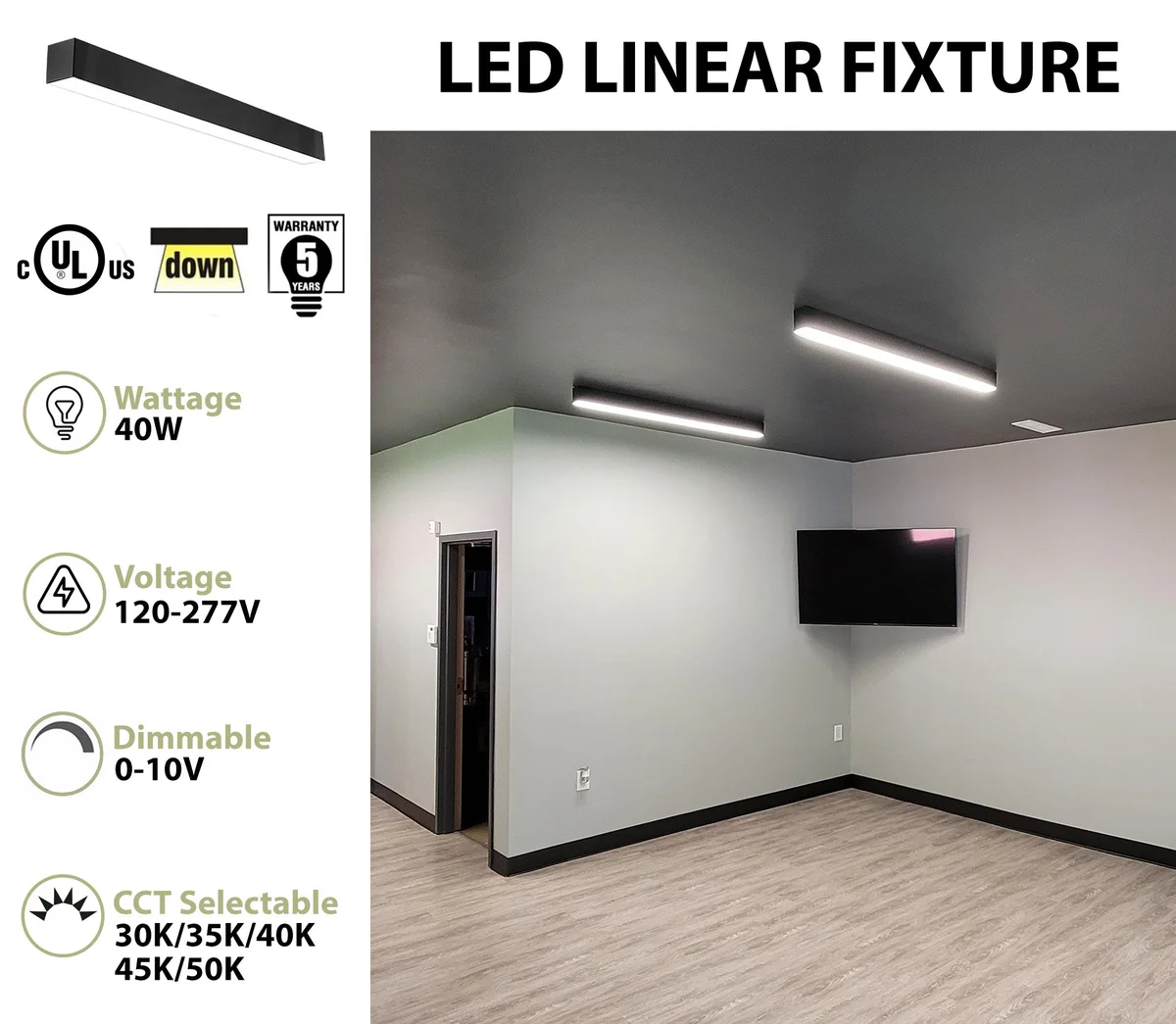 4 FT LED Linear Fixture, 4800 Lumen Max, 40 Watt, CCT Selectable, 120-277V, Silver Finish - Image 2