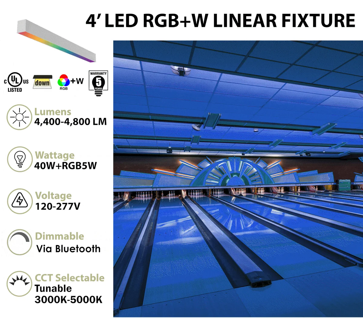 4FT LED RGBW Linear Fixture, 4800 Lumen Max, 40W, CCT Selectable, 120-277V, Black or White Finish - Image 2