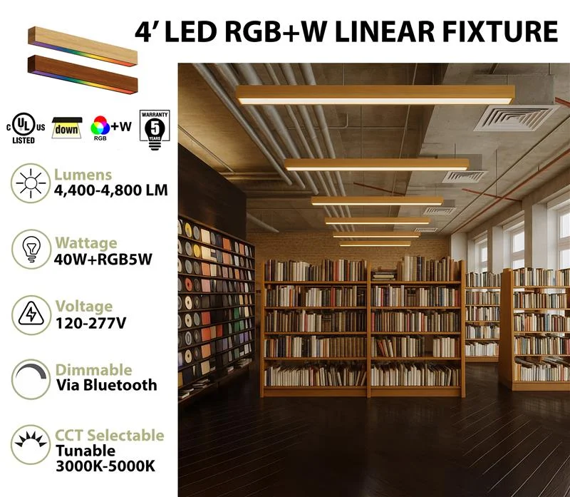 4FT LED RGBW Linear Fixture, 4800 Lumen Max, 40W, CCT Selectable, 120-277V, Natural or Teak Wood Finish - Image 2