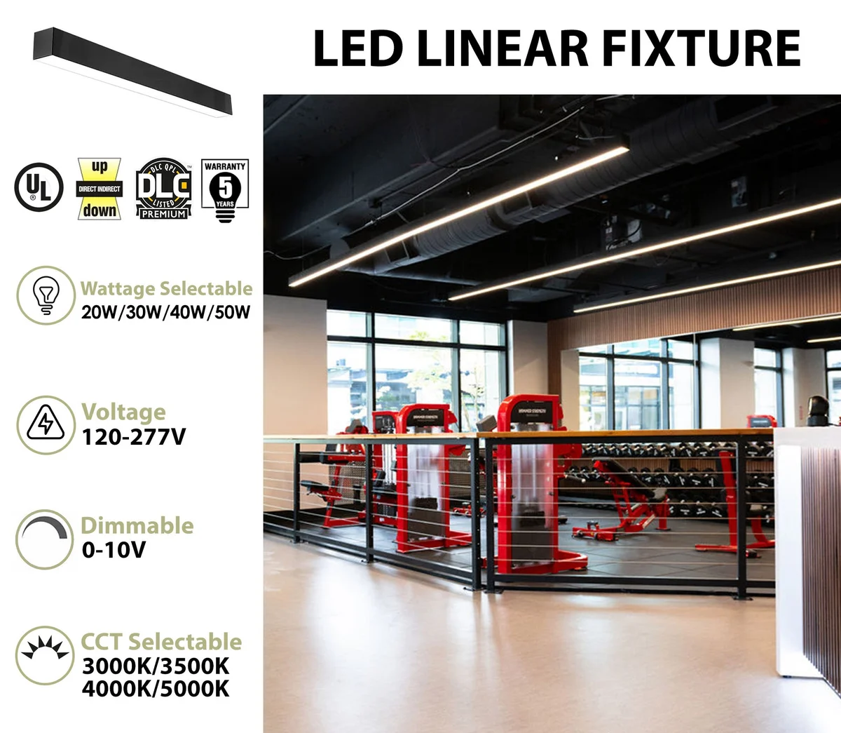 4 FT LED Louver Direct/Indirect Suspended Linear Fixture, 6900 Lumen Max, Wattage and CCT Selectable, 120-277V, Black or White - Image 2