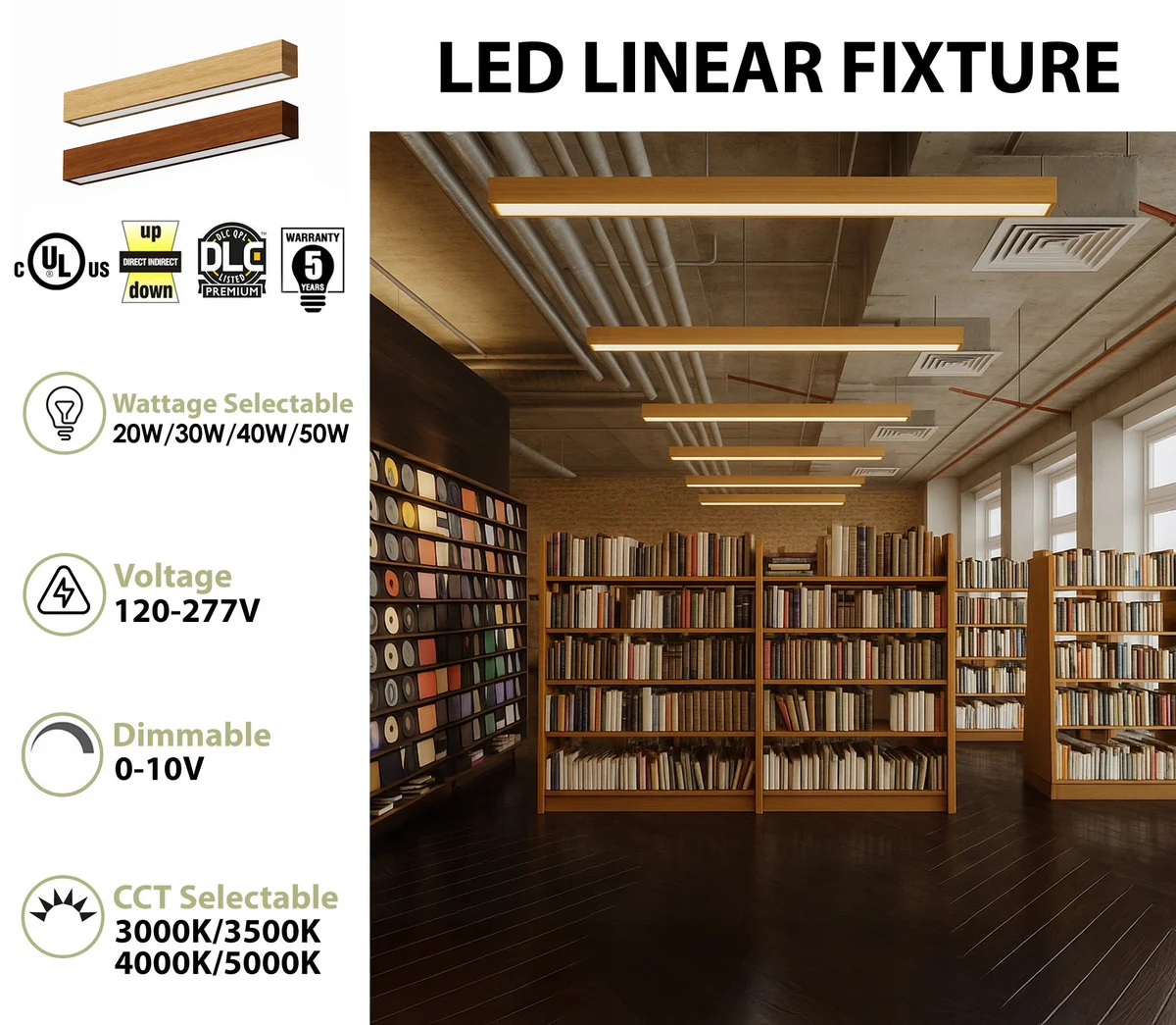 4 FT LED Direct/Indirect Suspended Linear Fixture, 5500 Lumen Max, Wattage and CCT Selectable, 120-277V, Natural or Teak Wood Finish - Image 2