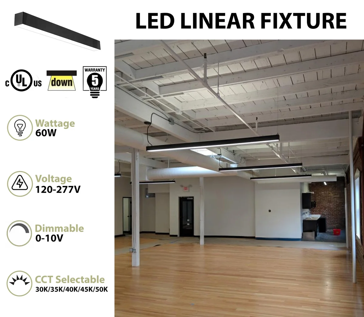6 FT LED Linear Fixture, 6600 Lumens, 60W, CCT Selectable, 120-277V, Black Finish - Image 2