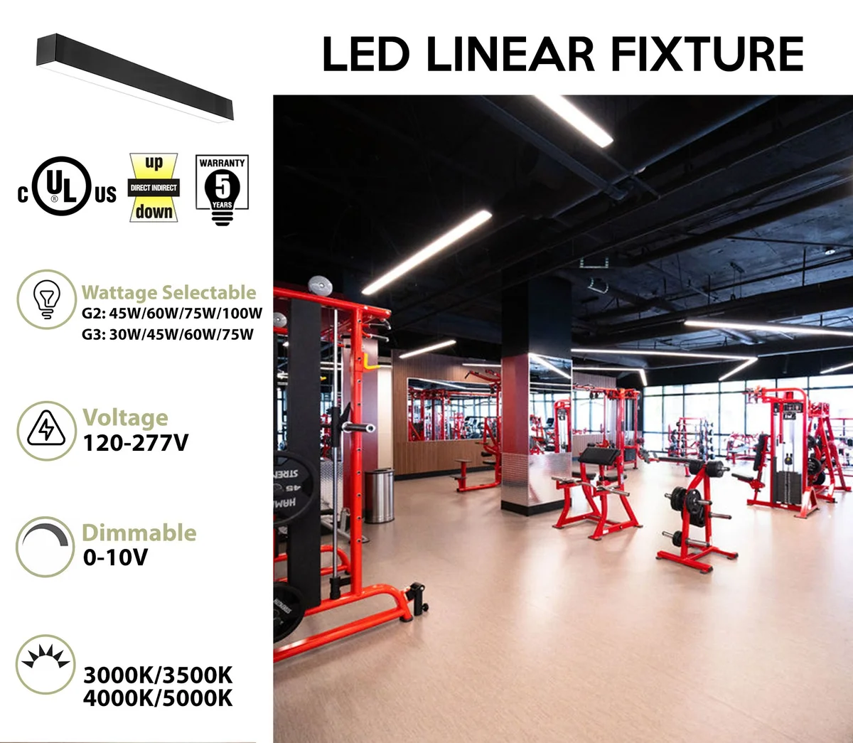 6 FT LED Direct/Indirect Suspended Linear Fixture, 8250 Lumen Max, Wattage and CCT Selectable, 120-277V, Black or White Finish - Image 2