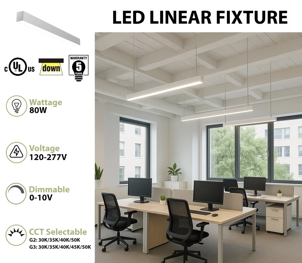 8 FT LED Linear Fixture, 9600 Lumen Max, 80W, CCT Selectable, 120-277V, White or Silver Finish - Image 2