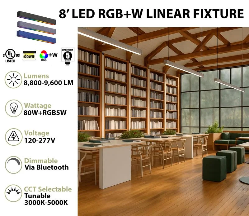 8FT LED RGBW Acoustic Linear Fixture, 9600 Lumen Max, 80W, CCT Selectable, 120-277V, Dark Gray, Gray, or Royal Blue Finish - Image 2