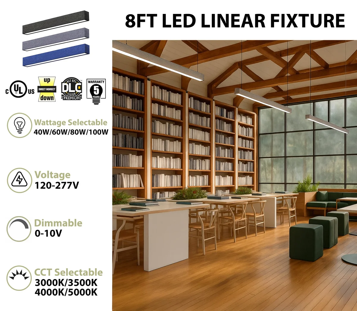8 FT LED Direct/Indirect Suspended Acoustic Linear Fixture, 11,000 Lumen Max, Wattage and CCT Selectable, 120-277V, Dark Gray, Gray, or Royal Blue Finish - Image 2