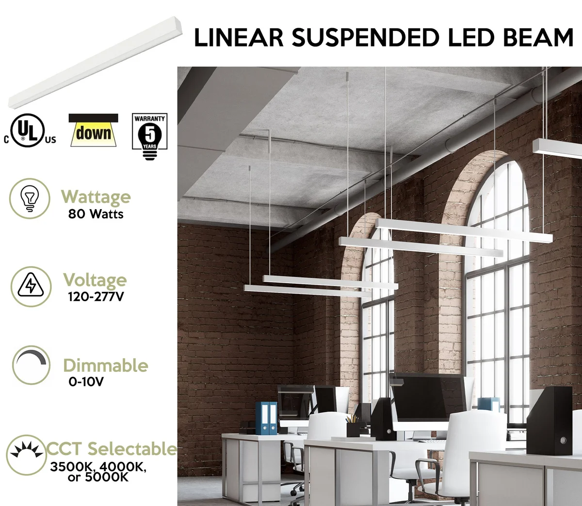 8 FT Linear Suspended LED Beam, 9200 Lumen Max, 80W, CCT Selectable, 0-10V Dimmable, 120-277V, Transparent Frosted Housing, Power Feed Cable Included - Image 3