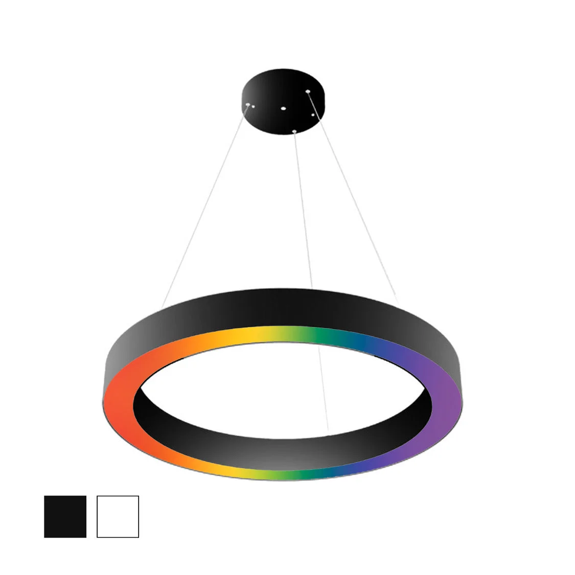 48" LED RGBW Round Pendant Light, 10,000 Lumen Max, Wattage and CCT Selectable, 120-277V, White or Black Finish