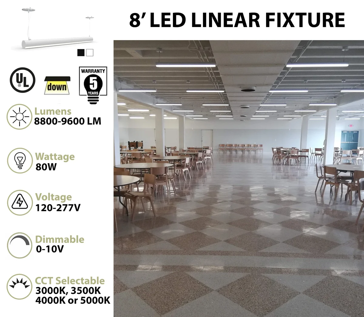 8 FT LED Suspended Linear Fixture G2, 9600 Lumen Max, 80W, CCT Selectable, 120-277V, White or Black Finish