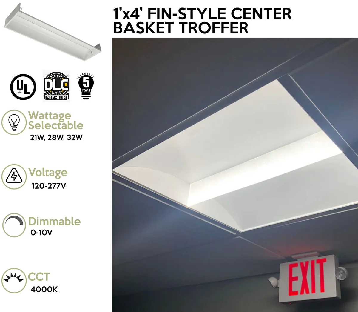 1 x 4 Foot LED Fin-Style Center Basket Troffer, Wattage Selectable: 21/28/32, 120-277V, 4000K - Image 2