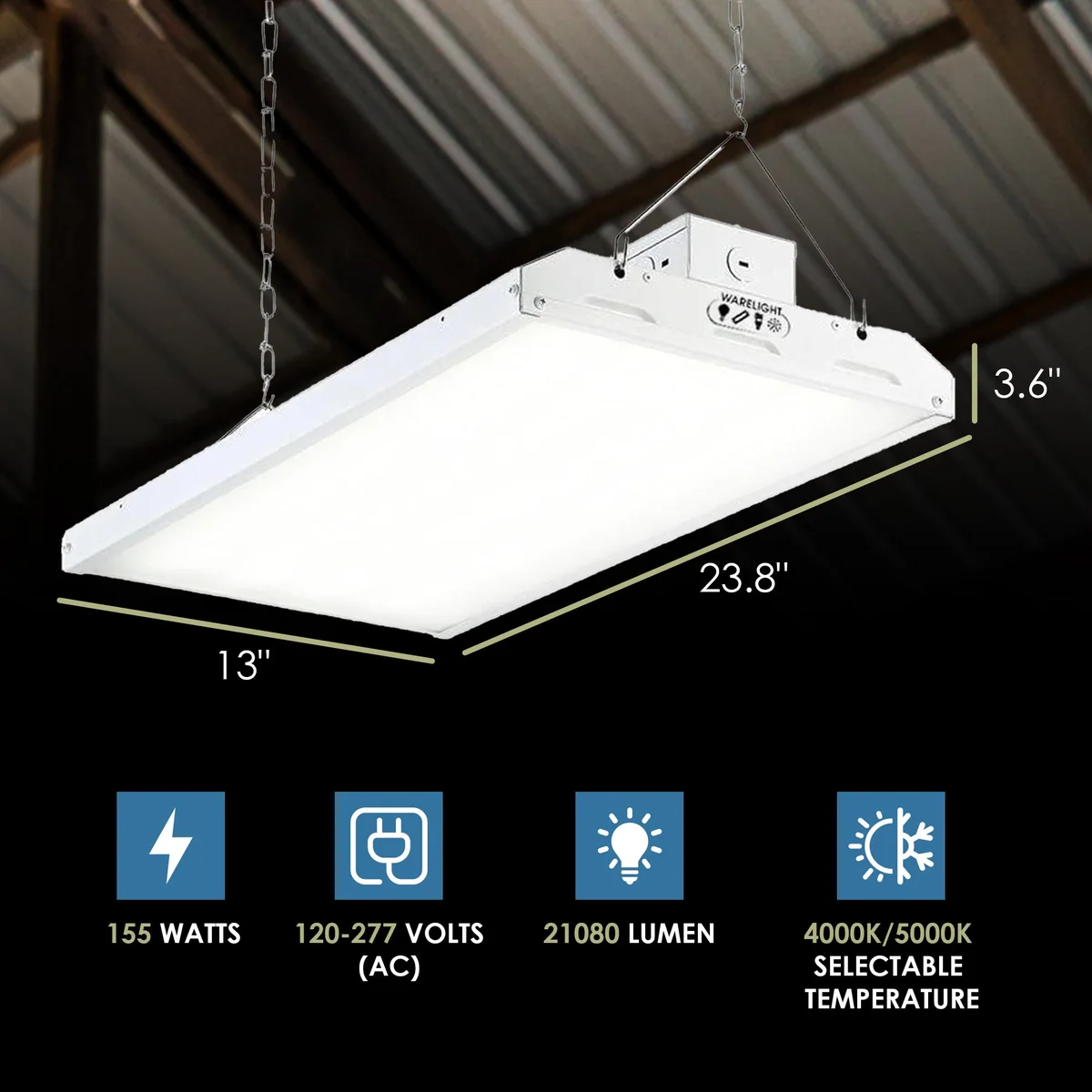 Condor Premium 2FT LED High Bay 155 Watt, 21080 Lumens, CCT Selectable 4000K/5000K, Comparable to 4 Lamp T5HO, 6 Lamp T8 or 320-400 Watt Fixture, 120-277v - Image 4