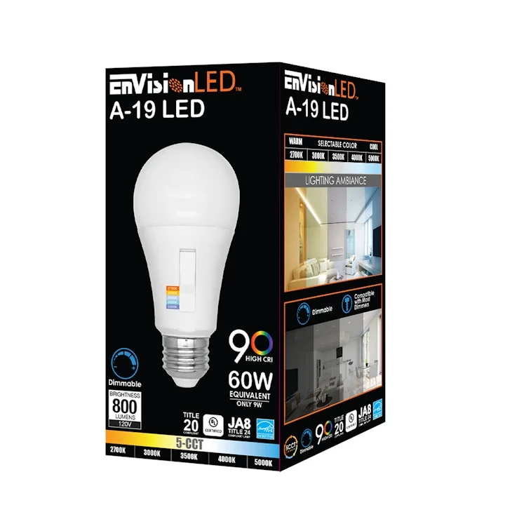 10PK A Bulb Series: 5-CCT LED, A19 60W Equivalent, 9W, 120V - Image 3