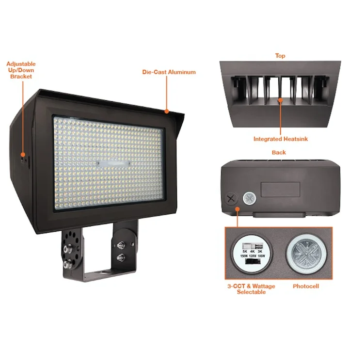 LED Flood Light, 45,000 Lumen Max, CCT and Wattage Selectable, Integrated Photocell, 120-277V - Image 2