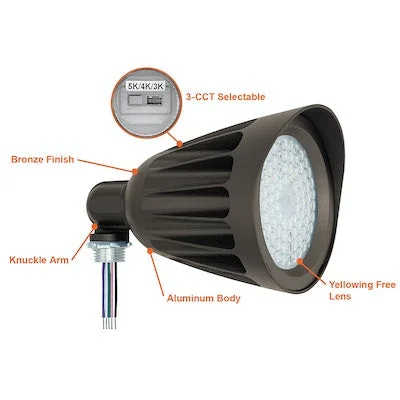 Knuckle Mounted S-Line LED Bullet Flood Light, 25W, 120-277V, 3,500 Lumens, CCT Selectable 3000K/4000K/5000K, Bronze or White Finish - Image 2