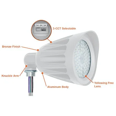Knuckle Mounted S-Line LED Bullet Flood Light, 25W, 120-277V, 3,500 Lumens, CCT Selectable 3000K/4000K/5000K, Bronze or White Finish - Image 4