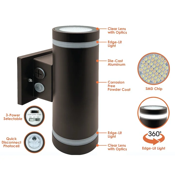 3" Edge-Lit Cylinder Up/Down Light, 3600 Lumen Max, CCT and Wattage Selectable, Integrated Photocell, 120-277V - Image 2