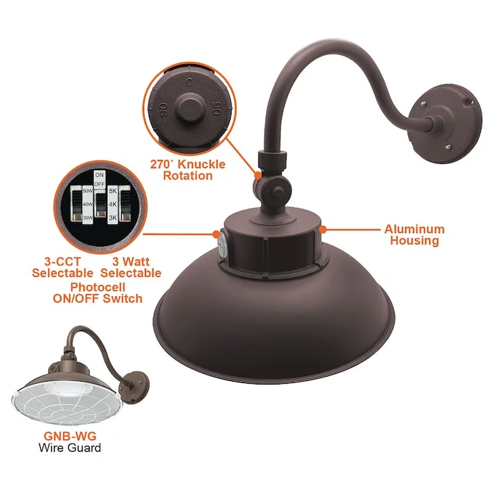 LED Gooseneck Barn Light, 6500 Lumen Max, Wattage and CCT Selectable, Integrated Photocell, 120-277V - Image 2