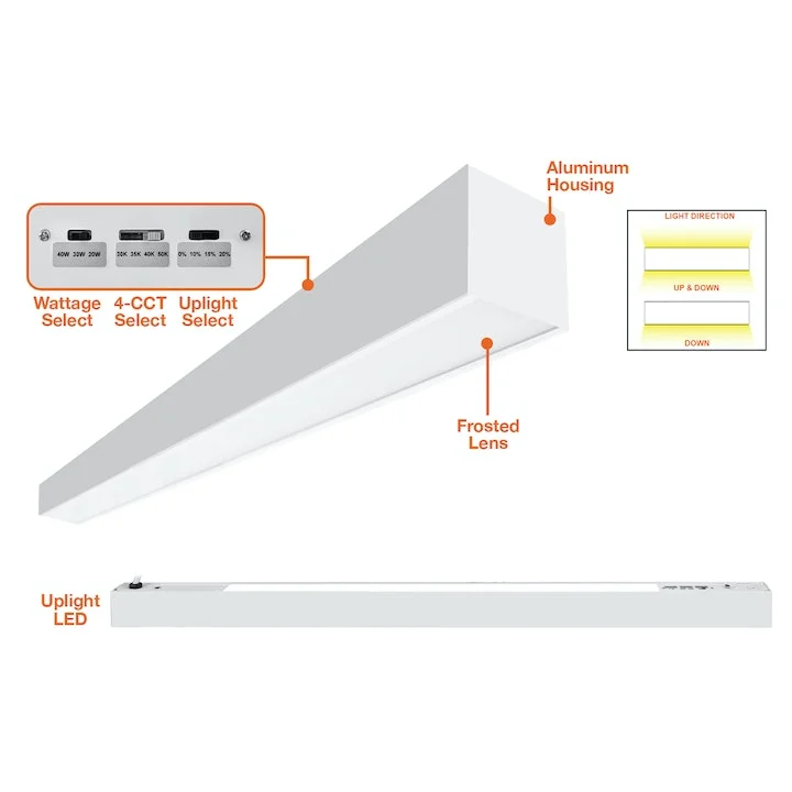 8FT C-Line: Suspended Linear w/ Uplight, 12500 Lumen Max, Wattage and CCT Selectable, 120-277V, Black or White Finish - Image 2
