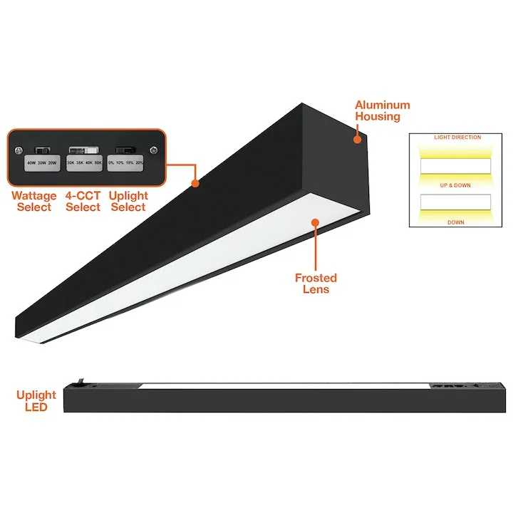 8FT C-Line: Suspended Linear w/ Uplight, 12500 Lumen Max, Wattage and CCT Selectable, 120-277V, Black or White Finish - Image 4