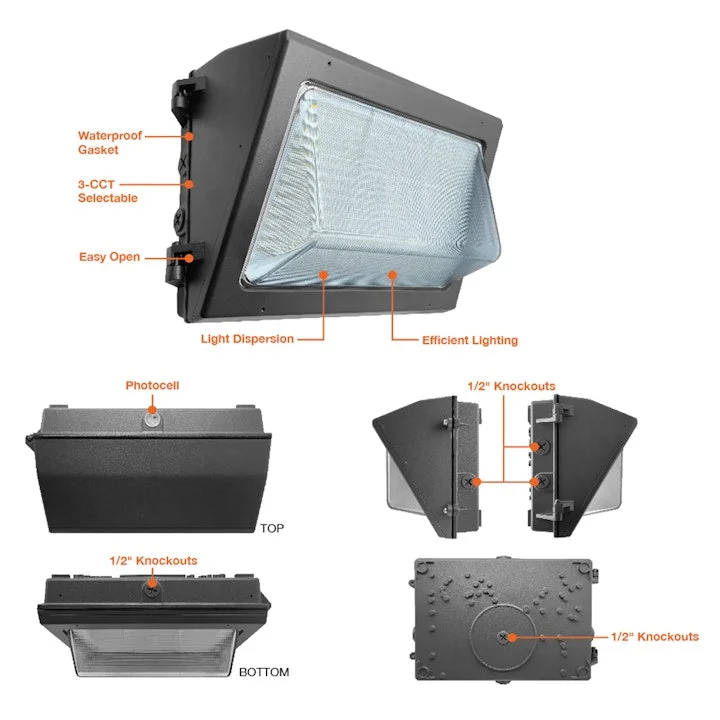Wall Pack Full-Line w/ Photocell, 16,800 Lumen Max, Wattage and CCT Selectable, 120-277V, Black, Bronze or White Finish - Image 2