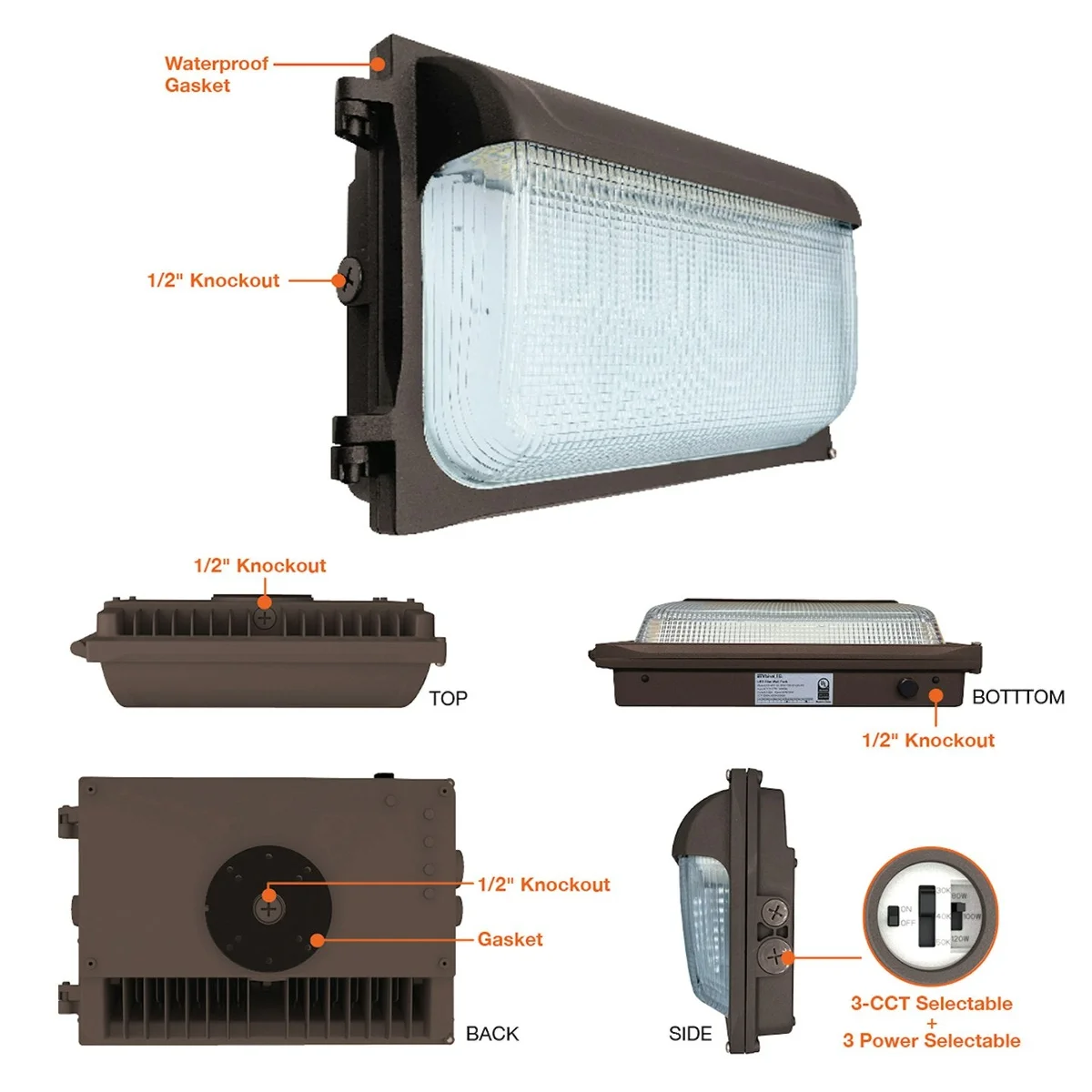LED Wall Pack, 15,600 Lumen Max, Wattage and CCT Selectable, Integrated Photocell, 277-480V - Image 2