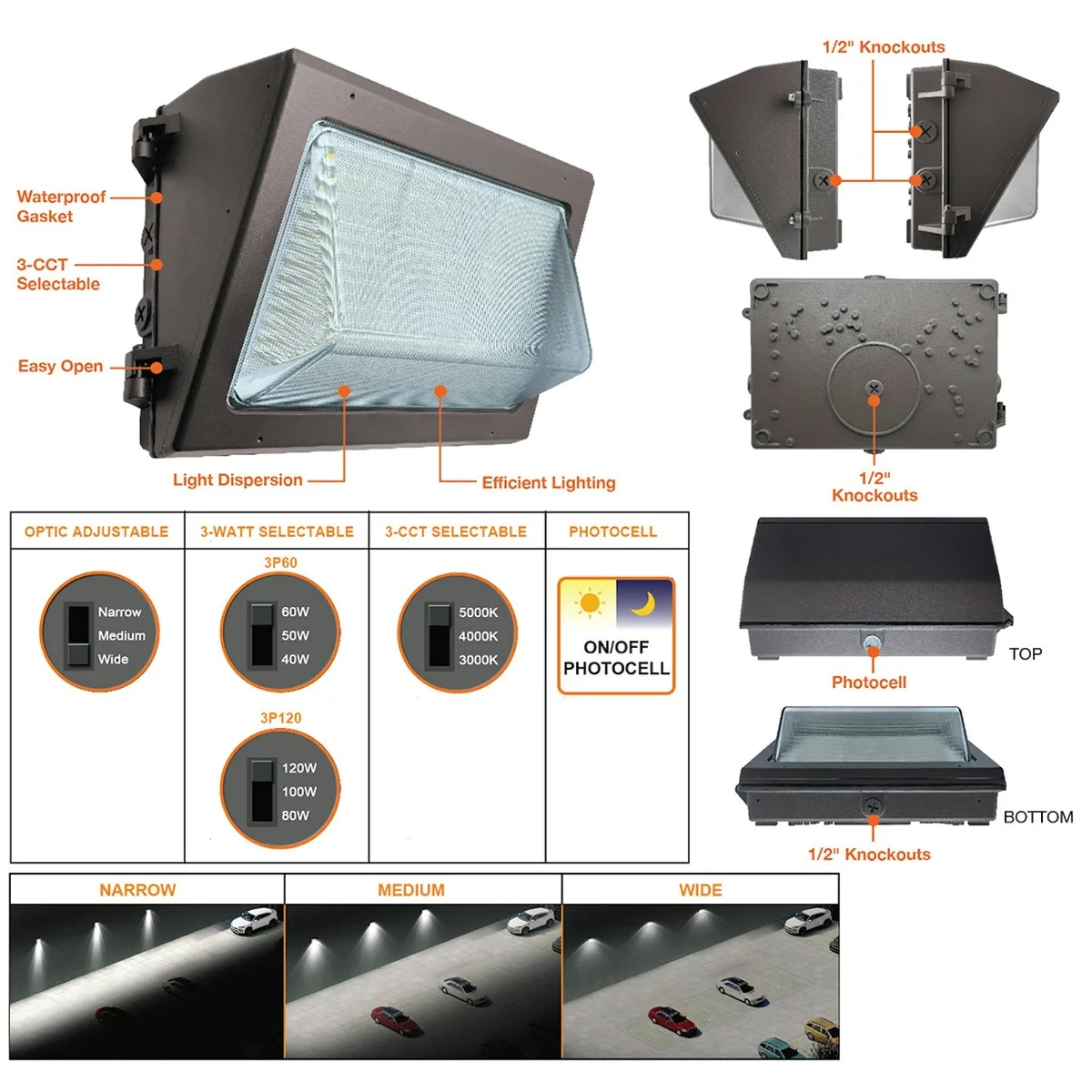 LED Wall Pack, 17,400 Lumen Max, Wattage, CCT and Optic Selectable, Integrated Photocell, 120-347V, Bronze, Black or White Finish - Image 2