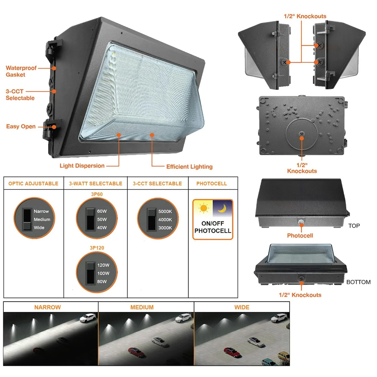 LED Wall Pack, 8,700 Lumen Max, Wattage, CCT and Optic Selectable, Integrated Photocell, 120-347V, Bronze, Black or White Finish - Image 2