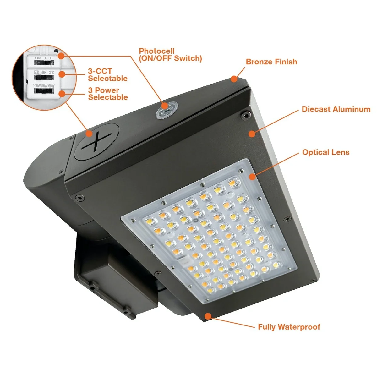 LED Full Cut Off Adjustable Wall Pack, 13000 Lumen Max, Wattage and CCT Selectable, Integrated Photocell, 120-347V - Image 4