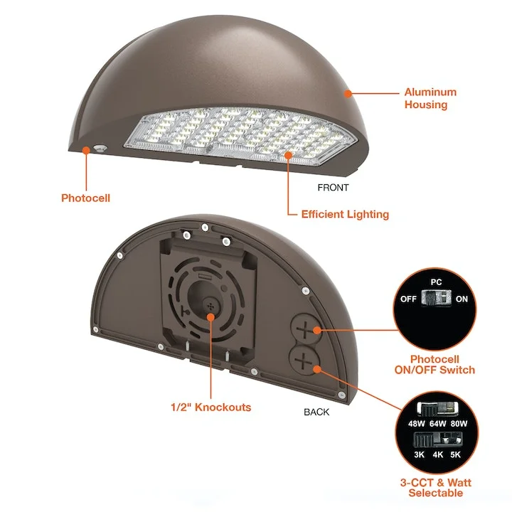 LED Semi-Circle Wall Pack, 10800 Lumen Max, CCT and Wattage Selectable, Integrated Photocell, 120-277V, Bronze, Black or White Finish - Image 2