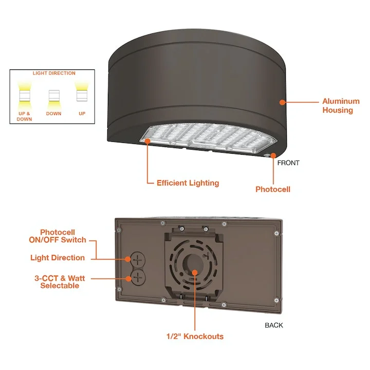 LED Semi-Circle Up/Down Wall Pack, 11,600 Lumen Max, CCT and Wattage Selectable, Integrated Photocell, 120-347V, Bronze or Black Finish - Image 2