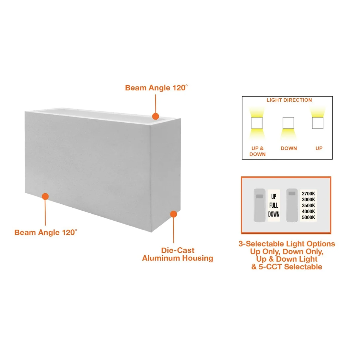 10" LED Up/Down Sqaure Wall Sconce, 2400 Lumens, 24W, CCT Selectable, 120-277V, White or Black Finish - Image 3