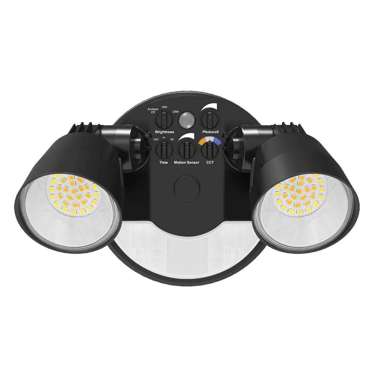 LED Security Light, Round Double Head, 3250 Lumen Max, Wattage and CCT Selectable, Motion Sensor, 120V, Bronze, Black or White Finish